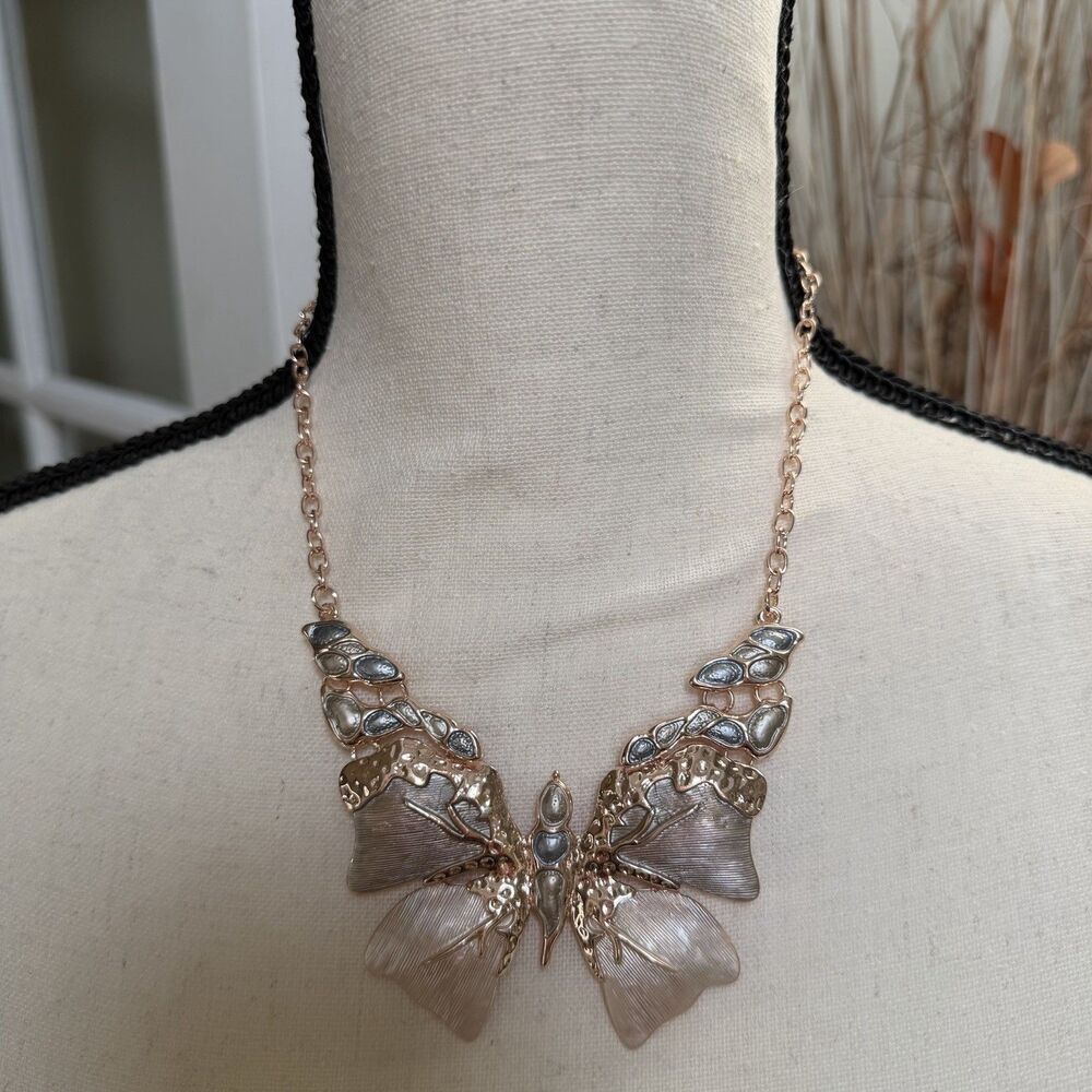 Metal Butterfly Women's Necklace Rose Gold and Blue Green Gold Colored Chain